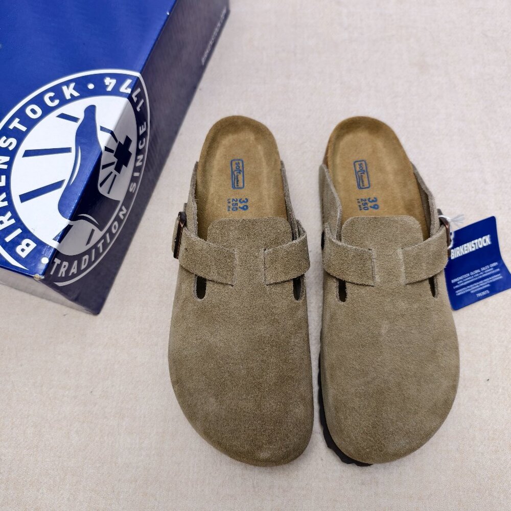 Women's Taupe Suede Birkenstock Boston Shoes - Narrow Fit